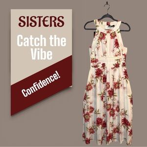 🌺SISTERS RAYON SLEEVELESS WHITE BURGUNDY FLORAL LACE DETAILS CHOKER NECK MAXI